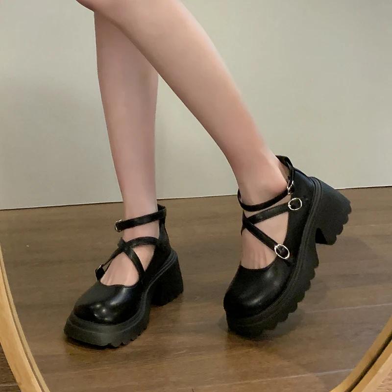 fashion 2024 High Quality Shoes for Women Buckle Women's Pumps Autumn British Style Round Toe Shallow Solid Dress Chunky Heels Loafers