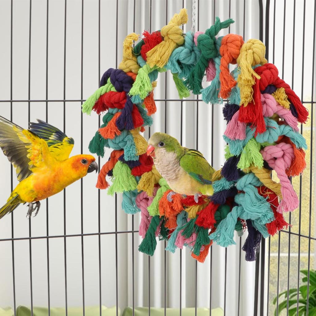Bunter Baumwollseil-Aufhängring für Vögel, Papageien-Pflege-, Grooming-, Knabber-, Kletter-, Beißspielzeug für Graupapageien, Kakadus, Sittiche