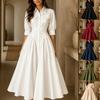 Abito midi da donna con colletto a revers, bottoni, maniche a sbuffo, casual, vestibilità ampia, vintage, elegante, lungo
