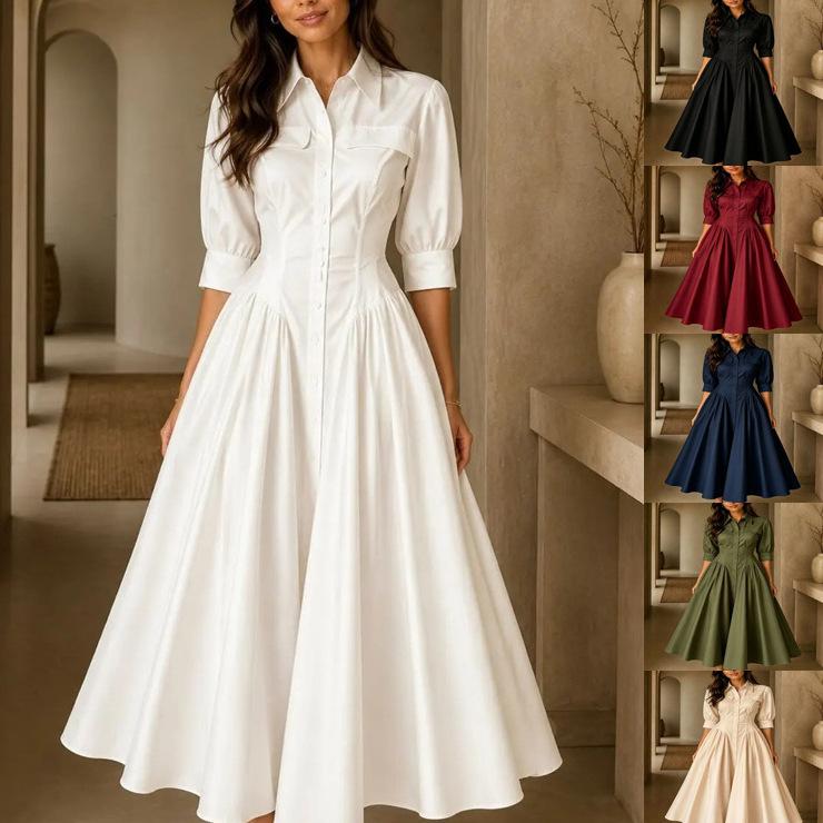 Women Lapel Collar Button Down Midi Dress Puff Sleeve Casual Loose Fit Vintage Elegant Long Dress