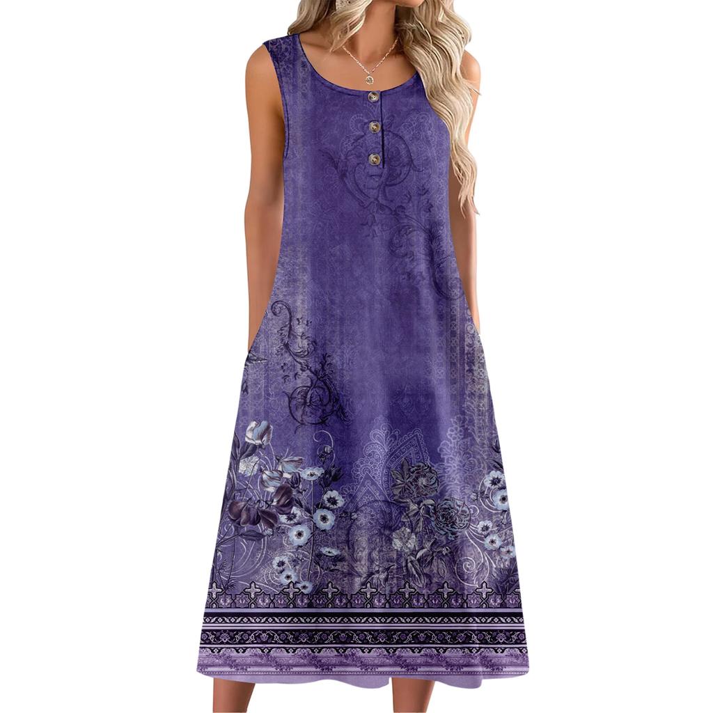 Women's Fashion Casual Sleeveless Button Floral Print Dress with Pocket