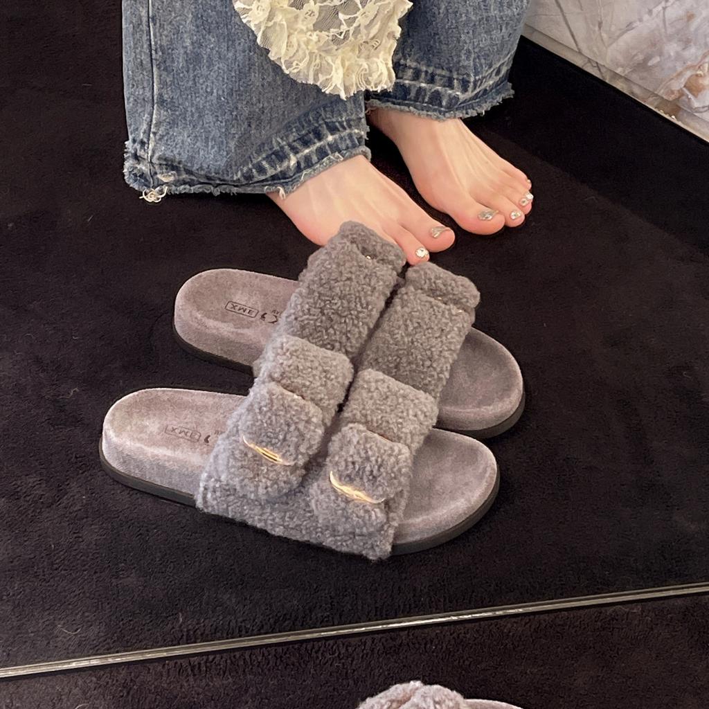 Thick-soled French Simple Open-toed Fluffy Slippers, New Women's Shoes In Autumn and Winter 2025, Wearing Versatile Cotton Slippers for Women