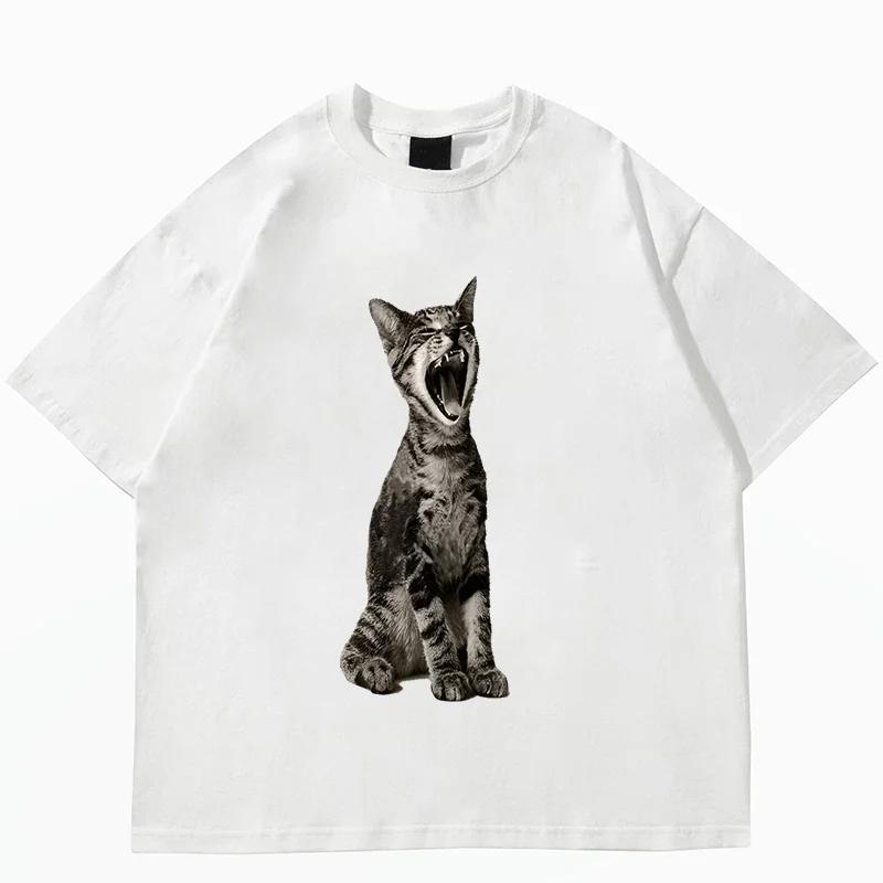 Top Style Noble Cat Love Music T-shirt Cute Cat Print Short Sleeve T-shirt Men's Harajuku Fashion Couple Loose Street Style Y2K