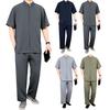 2Pcs/Set Men Suit Stand Collar Short Sleeve Single Breasted Shirt Elastic Waist Long Pants Set Solid Color Loose Fit Leisure Outfit