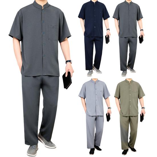 2Pcs/Set Men Suit Stand Collar Short Sleeve Single Breasted Shirt Elastic Waist Long Pants Set Solid Color Loose Fit Leisure Outfit