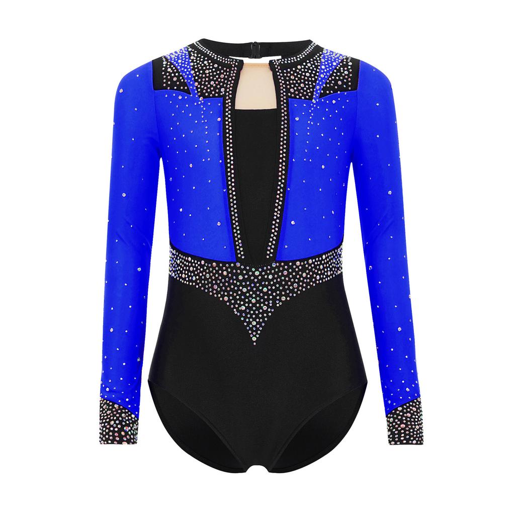 Girls Gymnastics Leotard Long Sleeve Keyhole Back Shiny Rhinestones Figure Skating Dancewear