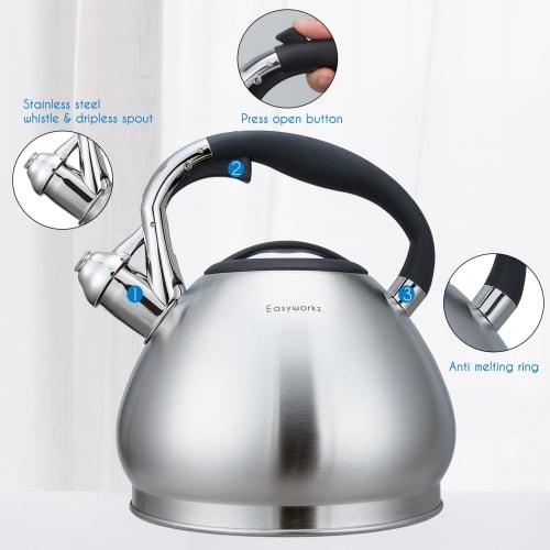 Easyworkz Whistling Stovetop Tea Kettle, Wide Mouth, Stainless Steel, with Loud Whistle, 2.3 Liters