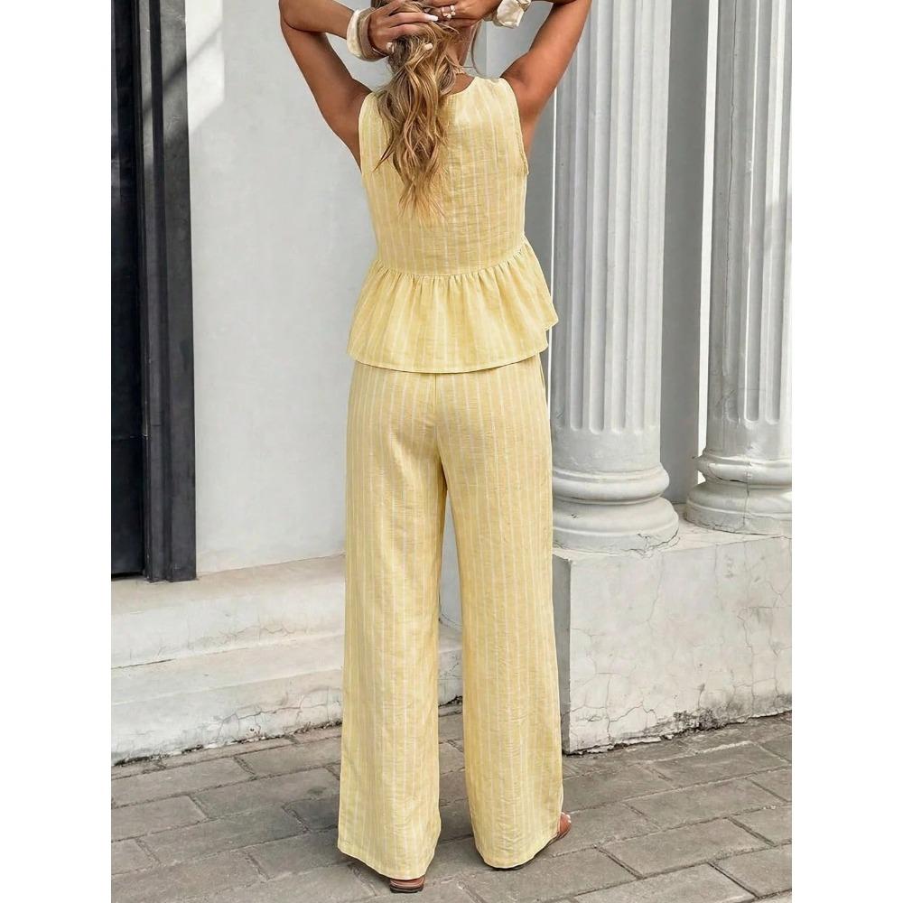 Ensemble 2 pièces élégant : Haut rayé sans manches à encolure en V et Pantalon large taille haute, Tenue décontractée d'été pour les vacances