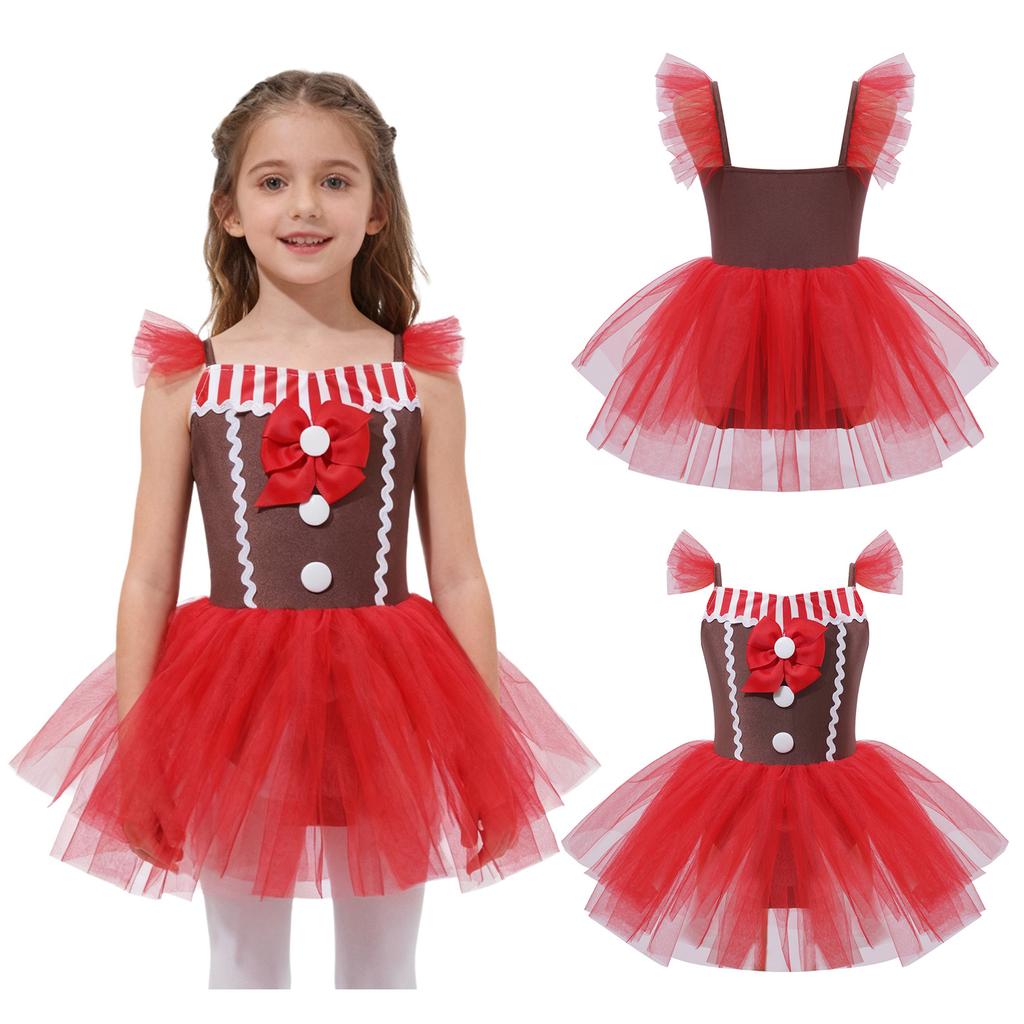 Girls Gingerbread Christmas Costume Sleeveless Bowknot Striped Tutu Dress Bodysuit Holiday Party Outfit for Kids