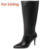 Genuine Leather Women's Knee High Boots Black Pointed Toe Thin Heel Zipper Chelsea Winter Shoes Ladies Footwear Large Size 43