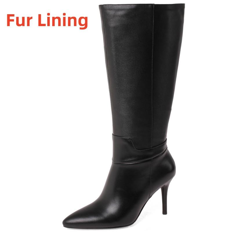 Genuine Leather Women's Knee High Boots Black Pointed Toe Thin Heel Zipper Chelsea Winter Shoes Ladies Footwear Large Size 43