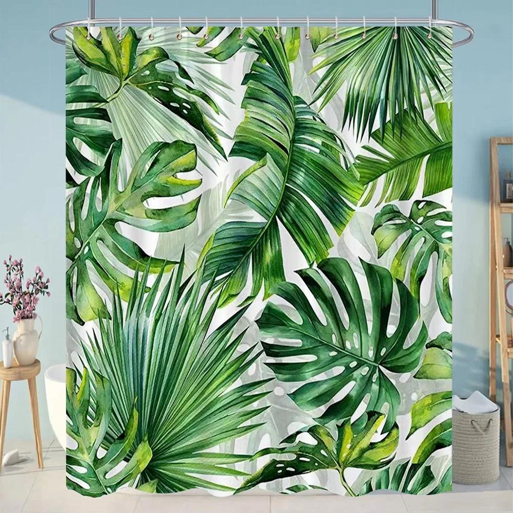 Tropische Grüne Blätter Pflanze auf Weißem Hintergrund Geruchslose Duschvorhänge für Badezimmerduschen und Badewannendekor mit Haken