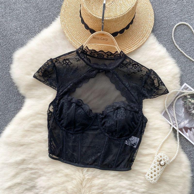 

Модная в стиле Инс Сексуальная прозрачная кружевная шифоновая рубашка Женская Xiacnee Хочу вырез Топлес Приталенный Короткий Топ на косточках Black L