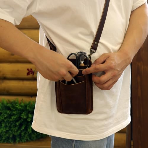 TOURBON Gardening Pouch, Pruning Shears Pouch, Leather Scissor Case Bag, Gardening, Florist, Waist Pouch, with Shoulder Strap (Dark Brown)