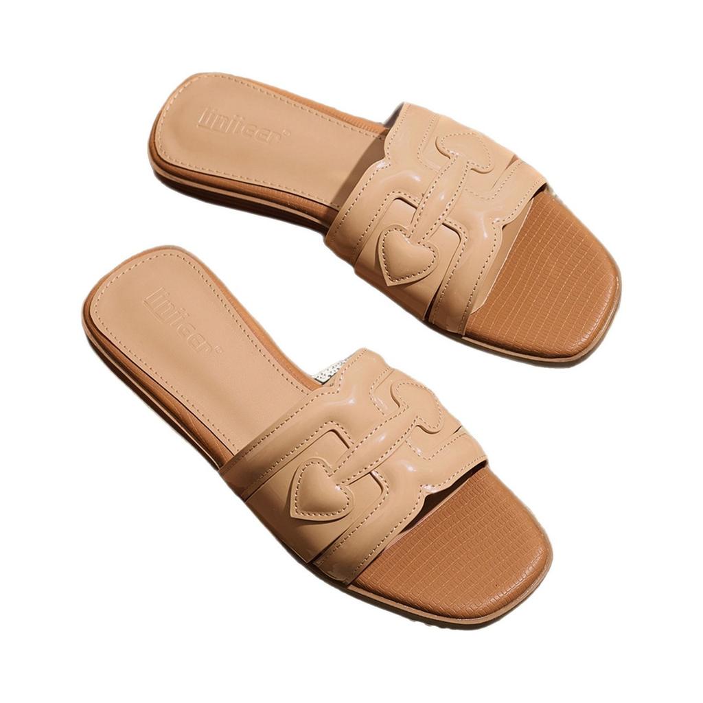 Sheepskin Version~ Square Head Cool Slippers Women's Summer 2025 New Flat-bottomed Beach One-word Drag French Outdoor Evening Sandals
