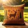 Doppelseitige Kissenhülle Premium Karamellbrauner Stoff Stilvolles Rentier-Tannenbaum-Design Für Sofa Heimdekoration