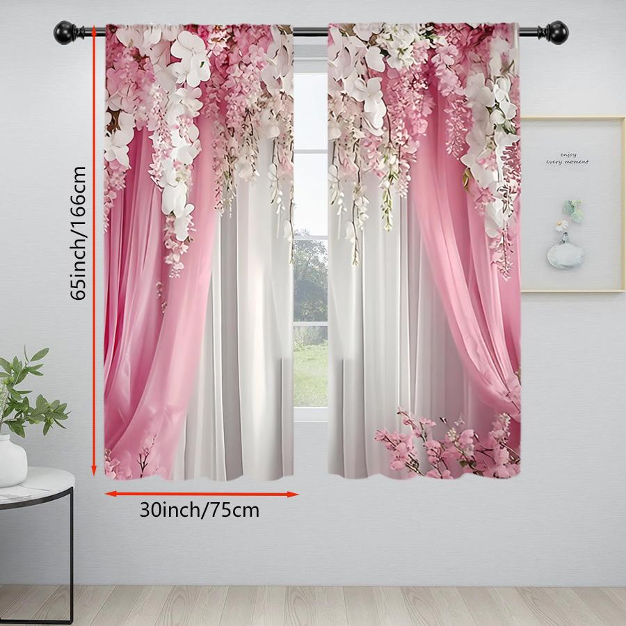 2 Stück Digitaldruck-Vorhänge, Rosa Hängende Glyzinienblüten Floralmuster, Romantische Frühlings-Fenstervorhänge für Schlafzimmer Wohnzimmer