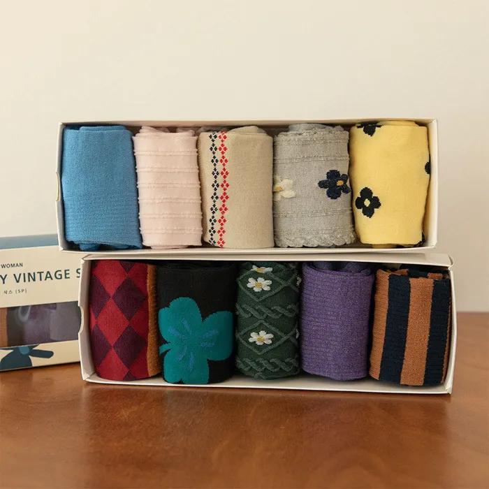[Gift Set] Daily Vintage Socks Women 5P (03-04) (Women's Socks) + Free Shopping Bag