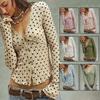 Women Polka Dot V Neck Lace Ruffle Cropped Long Sleeve Knitted Cardigan