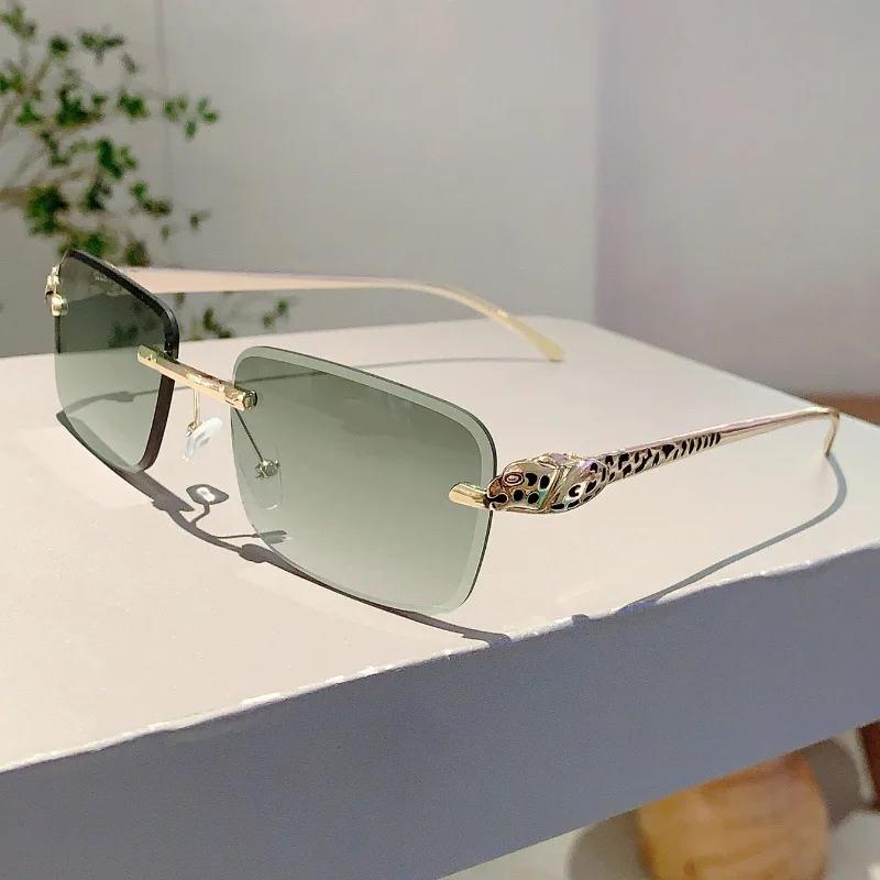 Rimless Punk Vintage Square Sunglasses Women For Men Luxury Brand Designer Sun Glasses Popular Metal Leopard Head Shades Uv400