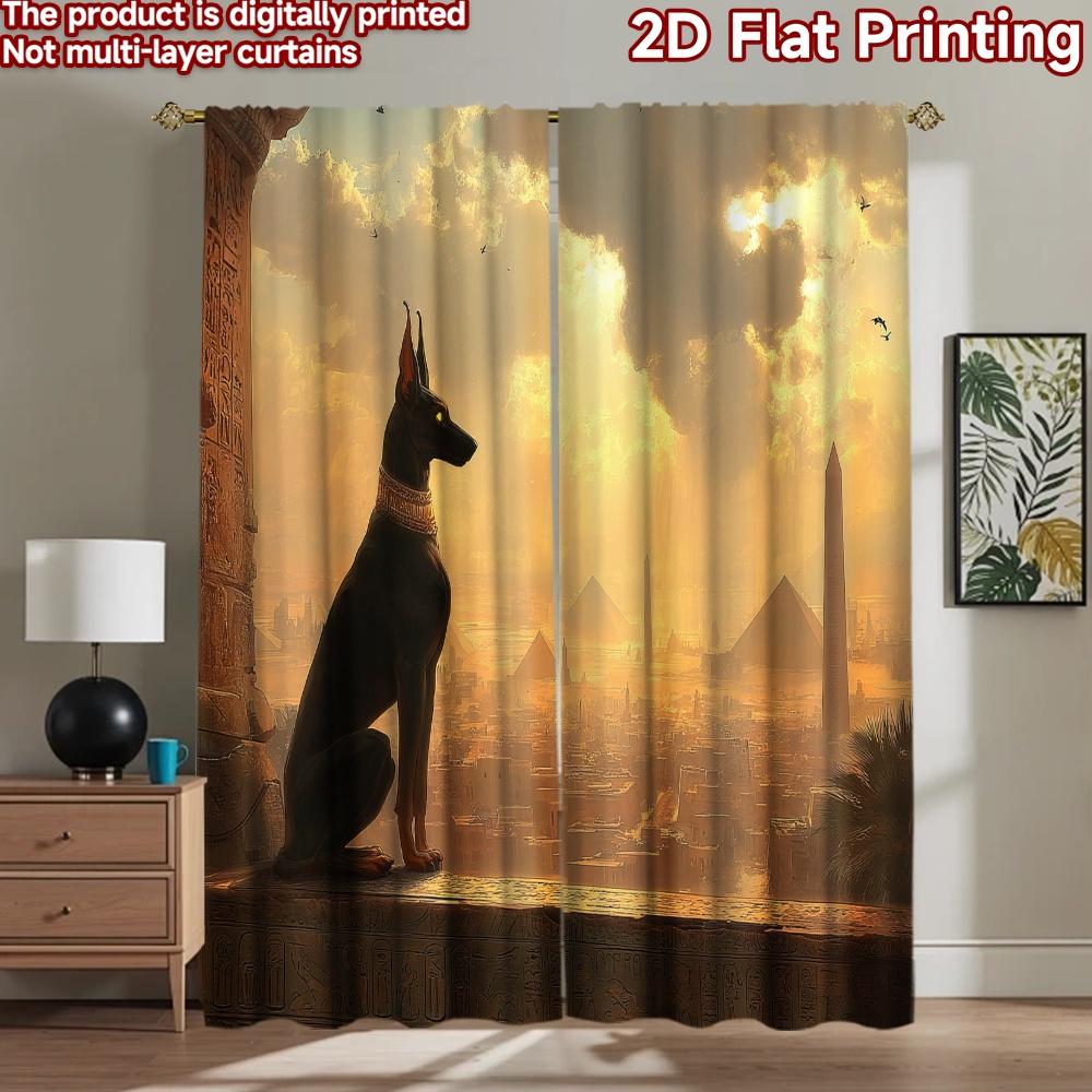 2D flat printing 2pcs Window Treatment Curtains Anubis Egyptian Dog Pyramids Sunset Digital Printed Polyester Drapes Seasonal 100×220