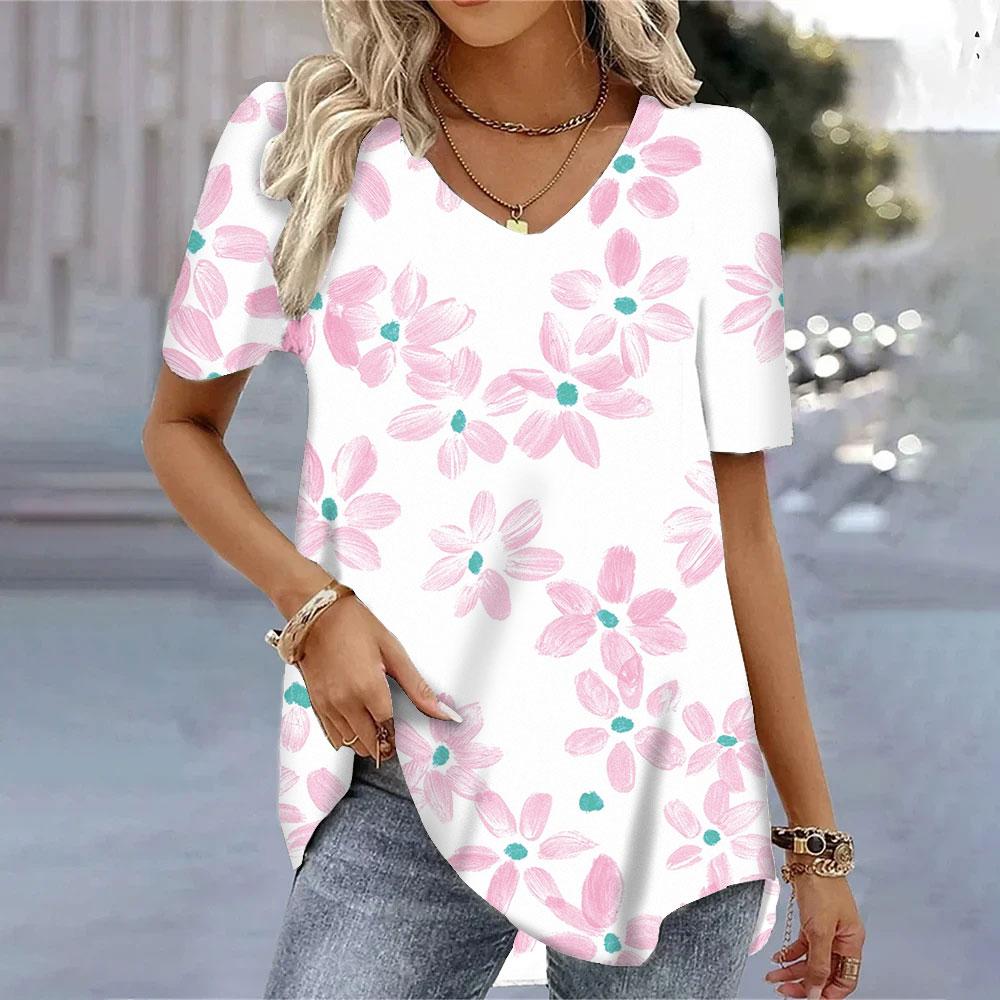 

Women s summer V-neck 3d floral pattern printed short-sleeved T-shirt S