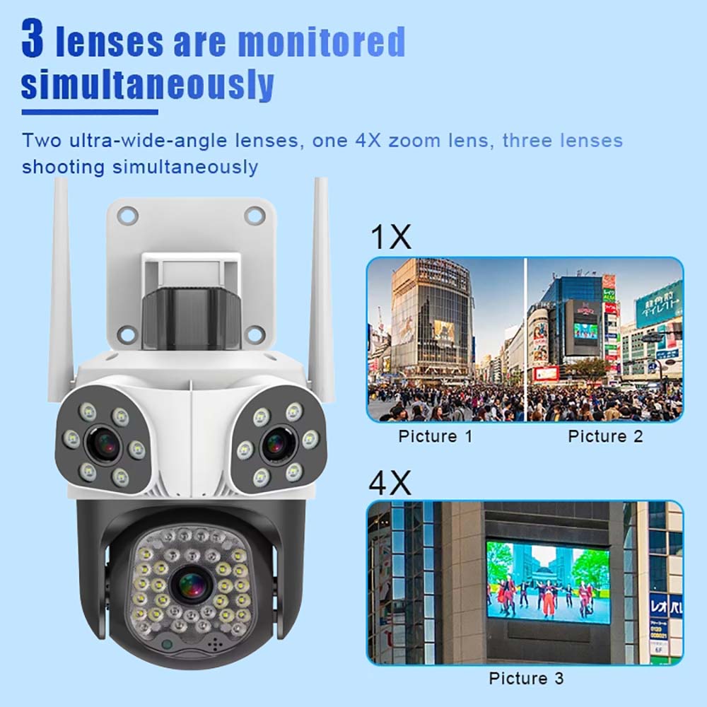 15MP 8K WiFi IP Three Lens Outdoor PTZ Camera 4X Zoom AI Tracking Surveillance Cameras Smart Security Protection CCTV Cam