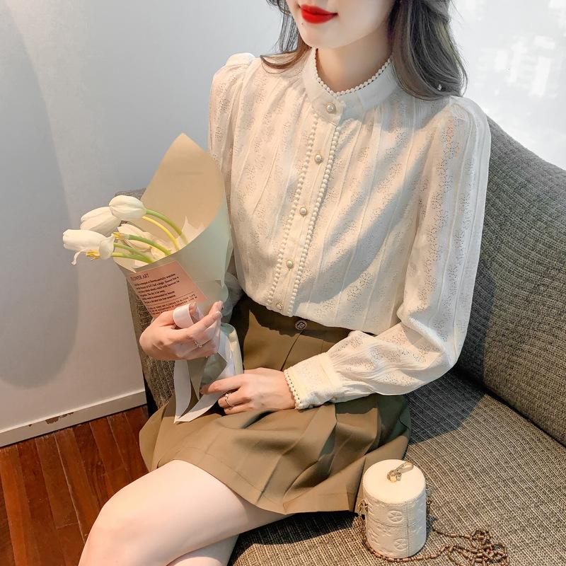 Elegante Moda Mezza Scollatura Camicia Base in Pizzo Donna Primavera e Autunno Temperamento Sottile Blusa a Maniche Lunghe Camicetta Piccola Abiti Personalizzati