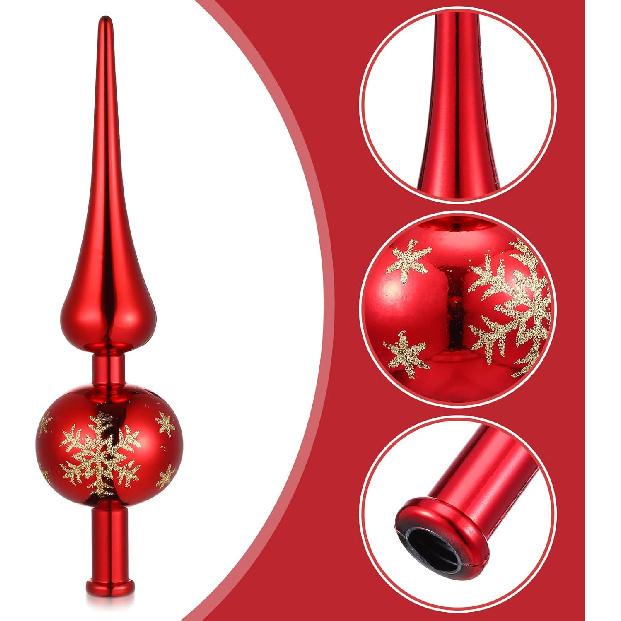 NUOBESTY Red Christmas Tree Topper Glass Finial Tree Topper Small Blown Glass Xmas Finials Vintage Hand- Painted Treetop Christmas Ornaments