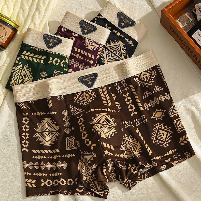 3pcs American Men's Underwear Retro Men's Underwear Ice Silk Breathable Flat Corner Pants Printed Four Corner Pants Boxer Brief