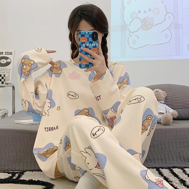 

Женский милый мультяшный пижамный комплект: Чистый хлопок, Длинный рукав, Пуловер с круглым вырезом, Весна/Осень Large