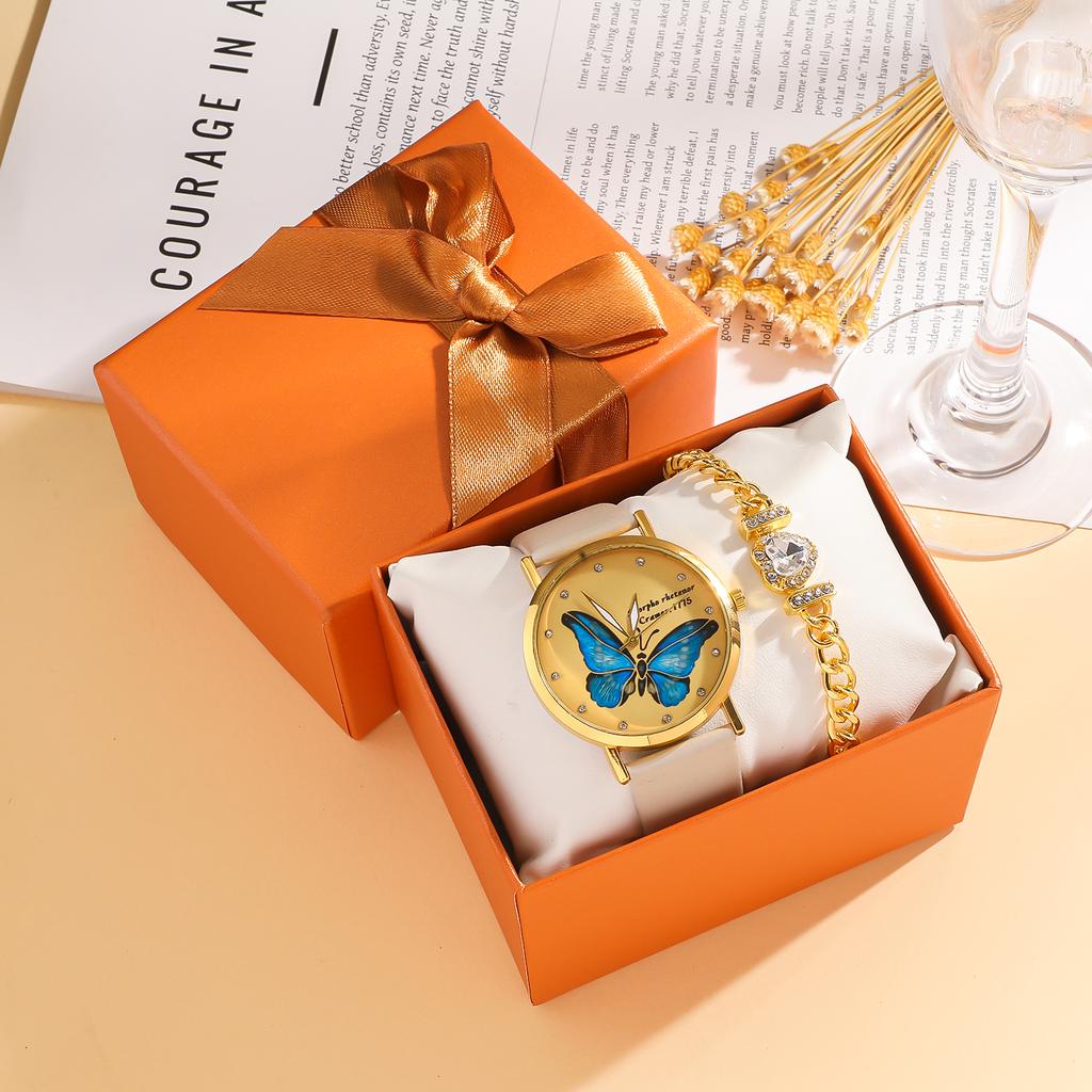 2-piece set of college style Korean style fashionable and versatile blue butterfly belt watch with bracelet without gift box