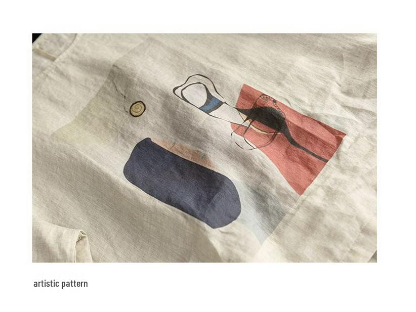 Women's Retro Print Cotton Linen Top - Short Sleeve, Loose Fit Pullover