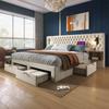 Set Dormitor, Pat Dublu Tapițat 160×200 cm cu 2 Noptiere & 4 Sertare, Lumină de Lectură Tăblie, Încărcare USB, Bej, Catifea (Fără Saltea)