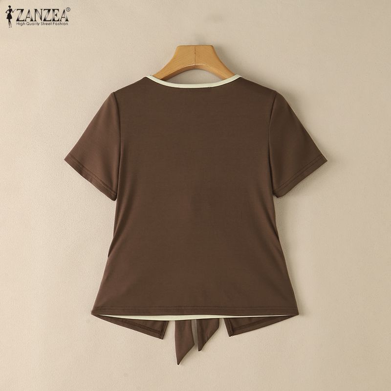 ZANZEA Women Casual Round Neck Short Sleeve Summer Patchwork Blouse
