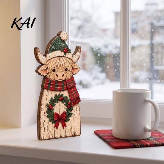 Farmhouse Holiday Gift Highland Cow Wooden Table Sign, Rustic Tiered Tray Centerpiece, 2D Flat Vintage Christmas Party Decor Tabletop Ornament