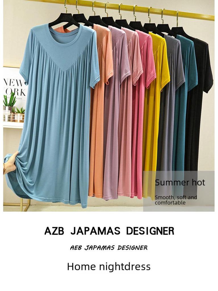 Plus Size Summer Modal Nightdress: Loose, Short-Sleeve V-Neck Pleated Long Home Dress