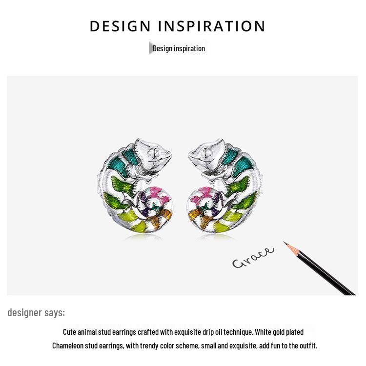 Yin Ziyun Platinum-Plated Chameleon Earrings: Cute Animal S925 Silver for Men & Women - Model BSE587