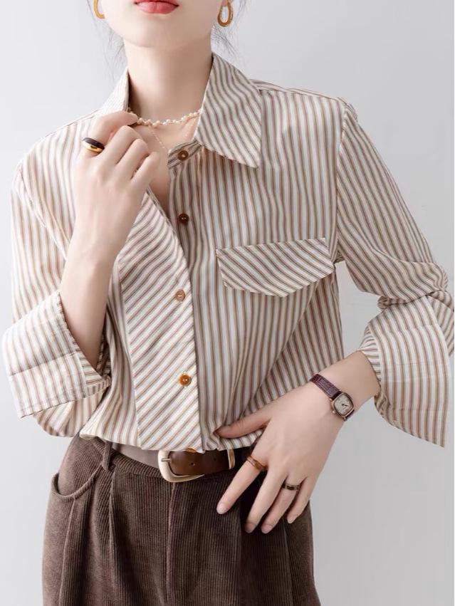 Chic Retro Striped Long-Sleeve Shirt for Women - 2025 Autumn Commuter Style