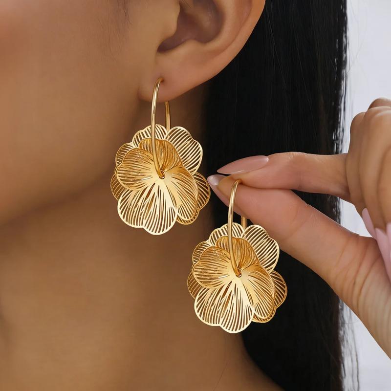 Large Gold Color 3D Textured Flower Drop Earrings For Women Fashion Vintage Geometric Dangle Earring Statement Jewelry Gift
