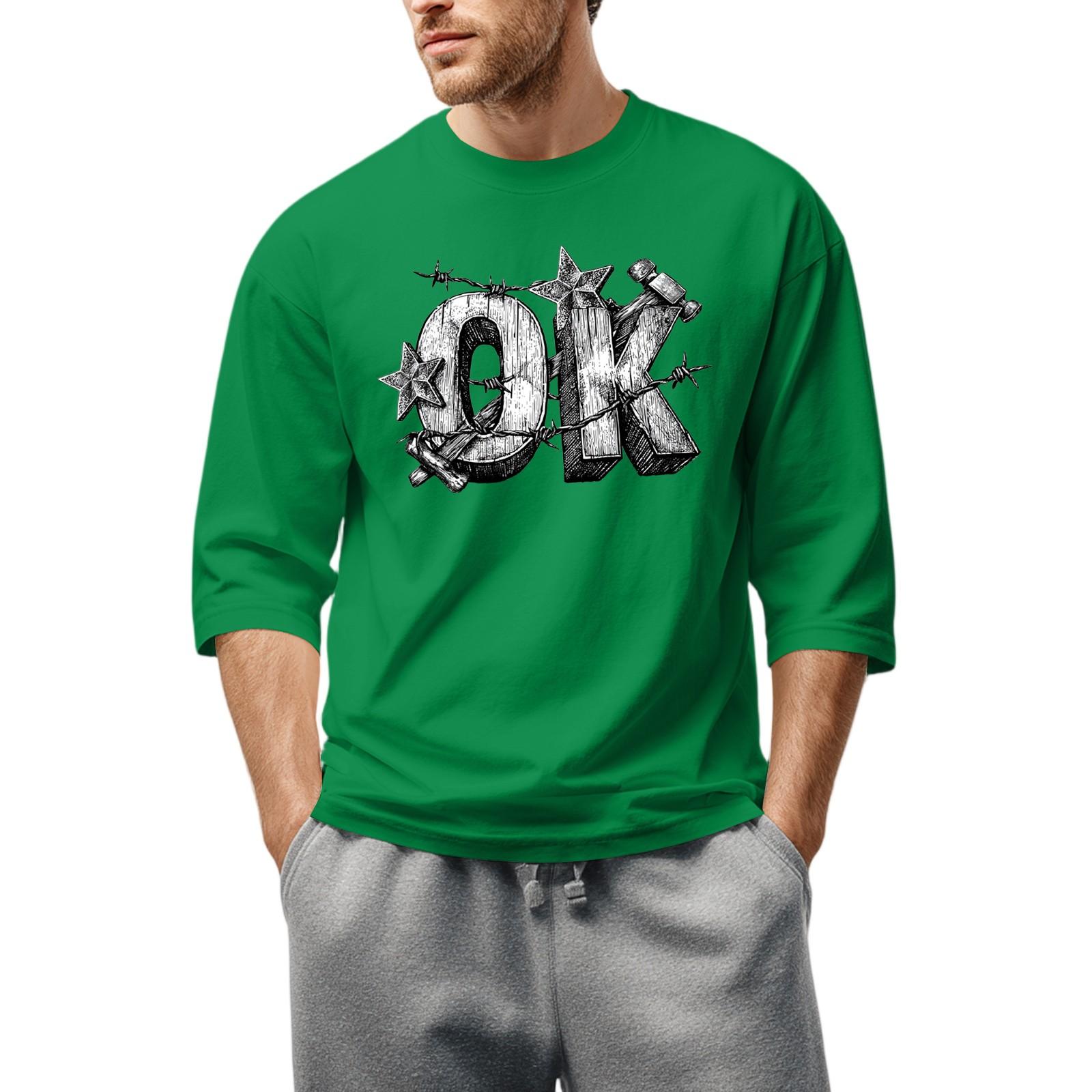 

Men S Round Neck Three-Quarters Sleeve Top Casual Fashion T-Shirt L зелений