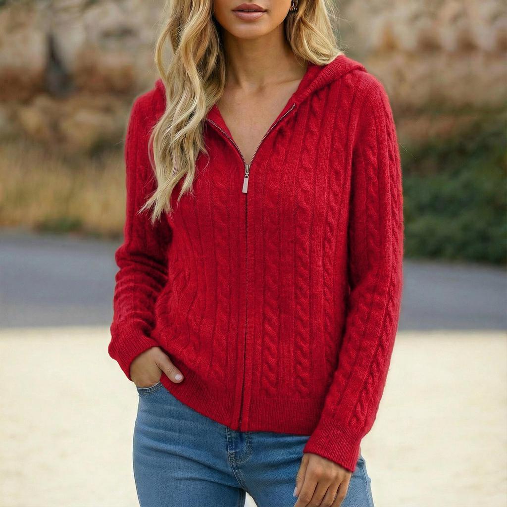 Women's Autumn/Winter Knit Hooded Cardigan - Solid Color Cable Knit Zipper Sweater Jacket