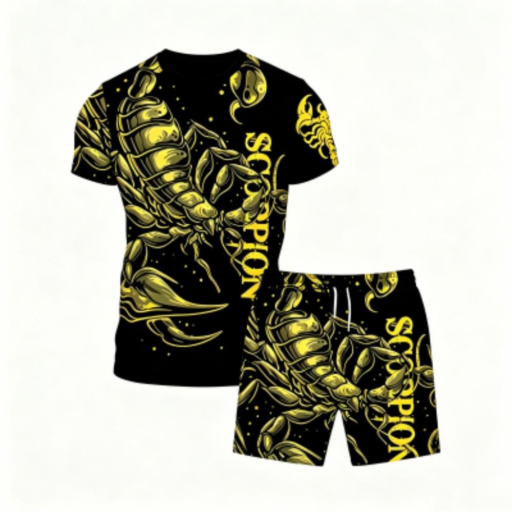 Europa und Amerika Tier Skorpion Muster Outdoor Straße Herren T-Shirt und Shorts 2-teiliges Set Sommer Freizeit Outfit Herren und Damen Sport Set