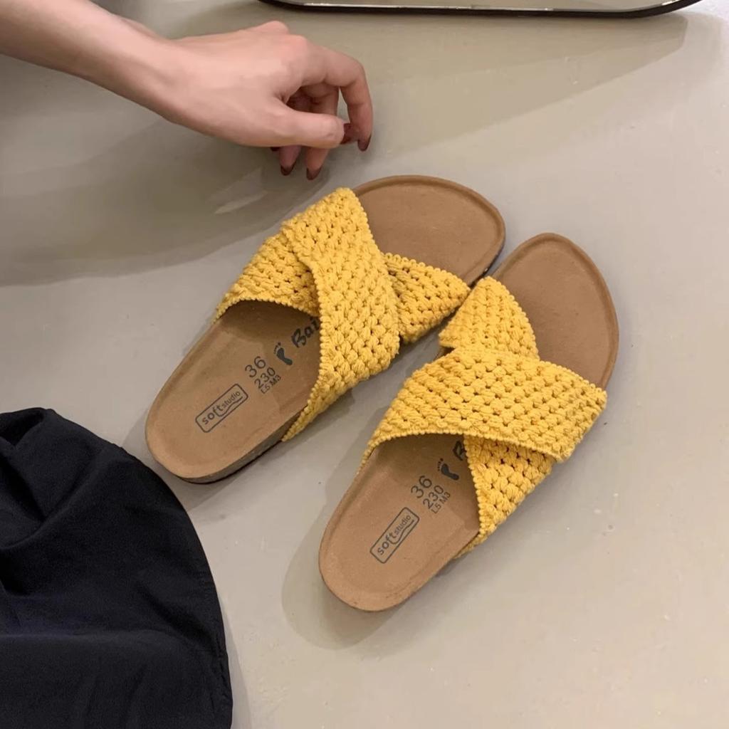 Retro Woven White Thick-soled One-word Slippers Women's Summer Wear 2025 New Models with Skirts To Increase Height and Cool Slippers