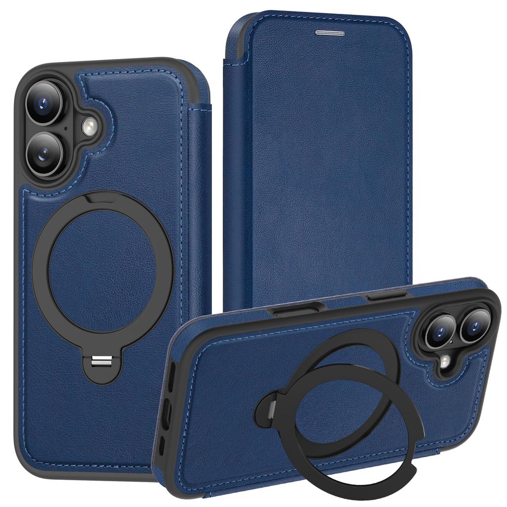 For iPhone 16 Case Compatible with MagSafe RFID Blocking Leather Wallet Cover with Rotating Ring Kickstand