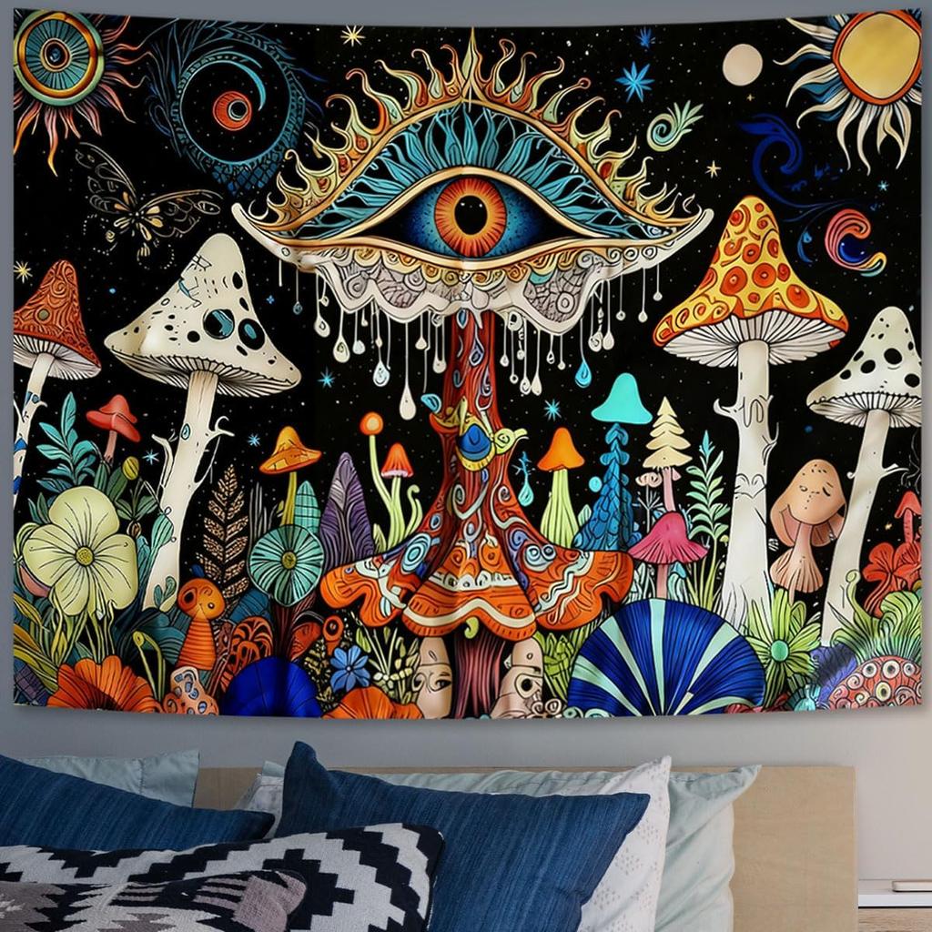 Bohemian Pilz-Wandteppich, Mystisches Böses Auge und Bunte Pilze Mit Himmlischen Elementen Auf Schwarzem Hintergrund Wandkunst Für
