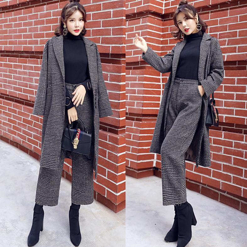 Completo alla moda in misto lana scozzese da 2 pezzi con blazer lungo e pantaloni a gamba larga per donna
