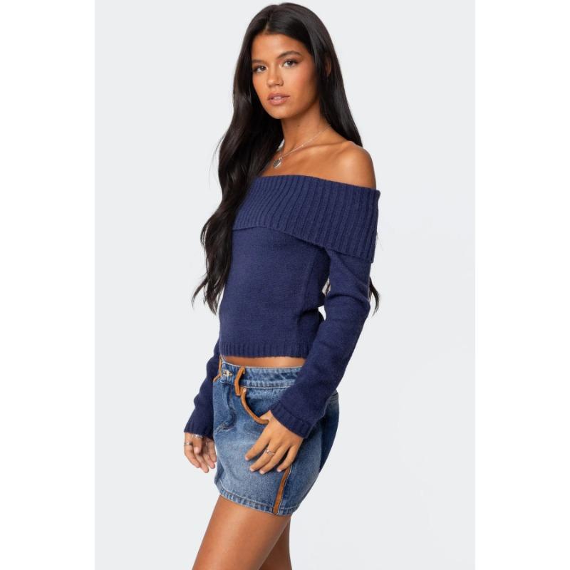 New Tops for Women Solid Color One-line Collar Off-shoulder Long-sleeved Sweater for Women