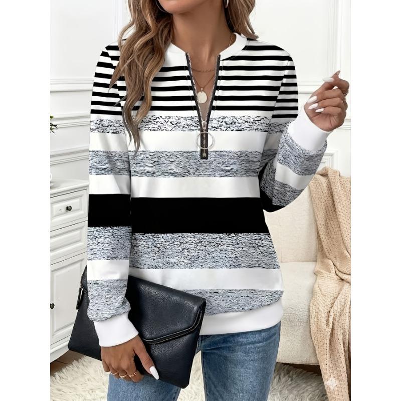 Plus Size Women's Striped Zip Long Sleeve T-Shirt