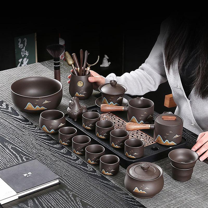 High-End Purple Sand Tea Set, Cover Bowl To Meet Guests, Household Teapot, Light Luxury Tea Tray, Office Complete Set Of Kung Fu Teacups